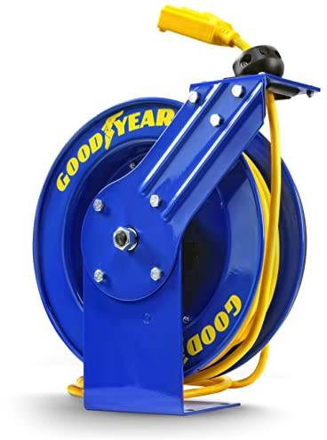 Goodyear Extension Cord Reel Retractable 14AWG x 100' Feet 3C SJTOW Cable Triple Tap Connector Power Rating 125 Volt AC 13 Amp 1625 Watt Industrial Steel Single Arm