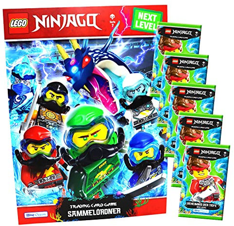 Lego Ninjago Karten Trading Cards Serie 7 - Geheimnis der Tiefe Next Level (2022) - Auswahl Sammelkarten Bundle + 10 Originale Hüllen (1 Sammelmappe + 5 Booster)
