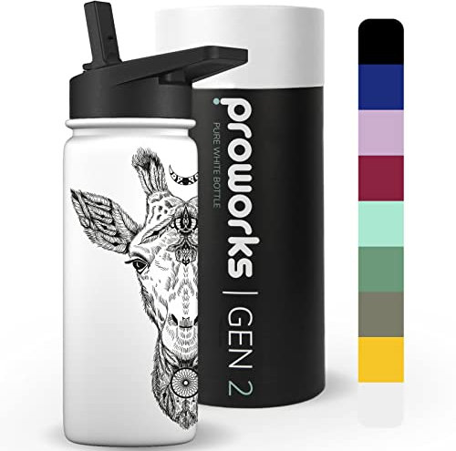 PROWORKS Gen 2 Bouteille d'eau Isotherme avec Paille 540 ML Bouteille d'eau Isotherme 24 Heures Froid 12 Heures Boissons Chaudes Acier Inoxydable Gym - Blanc Pur - Girafe Aztèque
