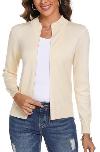 Aottori Cardigan Zippé Femmes à Manches Longues Veste en Maille Manteau Col Montant Sweat-Shirt Côtelé Pull Casual Abricot S