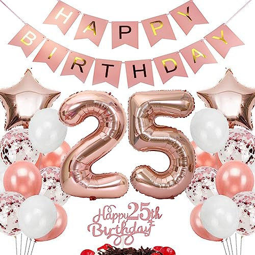 Feelairy Geburtstagsdeko 25 Jahre Frauen, Rosegold Luftballon 25. Geburtstag Deko Frau, Tortendeko Happy 25th Birthday Deko 25 Jahre Frauen, Ballon 25. Geburtstag Frau Party Dekoration Set