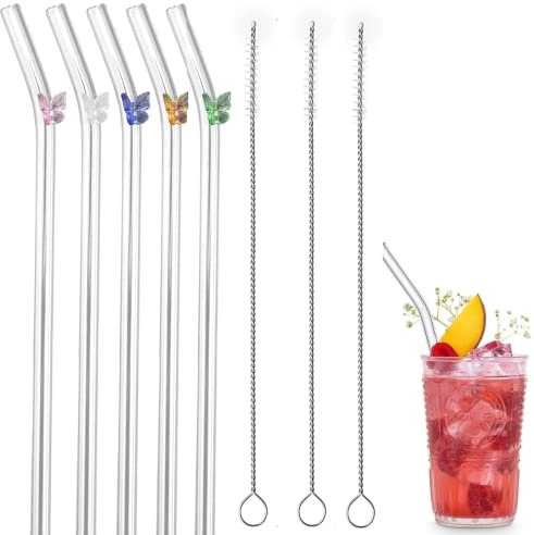 Orapink Orapink Glass Straws Reusable Curved Glass Straws Shatterproof Curved Straw Design with Colorful Butterflies Perfect for Smoothies Milk Tea Juice Coffee Milkshake