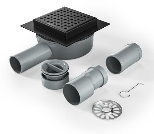 Bernkot Duschrinne Quadrat 10 * 10cm, 360° Siphon mit Geruchsstop und Haarsieb Edelstahl Ablaufrinne Bodenablauf Duschablauf sehr flach DN50 DN40,Schwarz