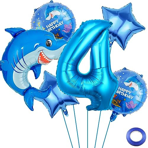 Liitata 4. Hai Geburtstagsparty Deko Hai Geburtstag Luftballon Set Blau Zahl 4 Folienballon Großes Hai Luftballon für Junge Geburtstag Party Motto Party Deko