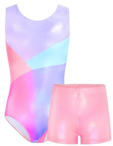 TENVDA Gymnastikanzug für Mädchen von 5–12 Jahren, glitzerndes Tanz-Outfit mit passenden Shorts, Blau/Pink, 7-8 Jahre