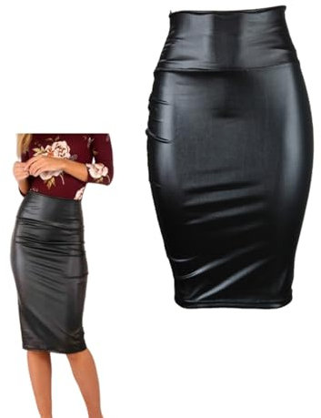 Donna PU Gonna Midi in Piena Vita, Ufficio in Pelle Finta, Abito a Matita con Elastica, Business alla Moda per Lavoro