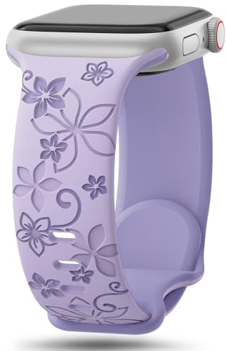 Bracelets floraux gravés compatibles avec les bracelets Apple Watch 41 mm, 40 mm, 44 mm, 45 mm, 42 mm, 38 mm, 49 mm, 46 mm pour femme, bracelet iWatch en silicone souple à motif floral pour iWatch