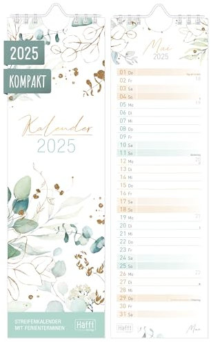 Häfft® kompakter Streifenkalender 2025 Blattgold 9 x 30 cm - schmaler Wandkalender, Mini-Wandplaner für Küche oder Flur zum Eintragen von Terminen & Geburtstagen - nachhaltig & klimafreundlich