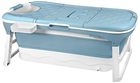 FIVMEN Faltbare Badewanne Erwachsene 128x60x53cm Klappbadewanne mit Abdeckung und Korb Mobile Foldable Bathtub Freistehende für Badezimmer, Dusche und Balkon, Blau