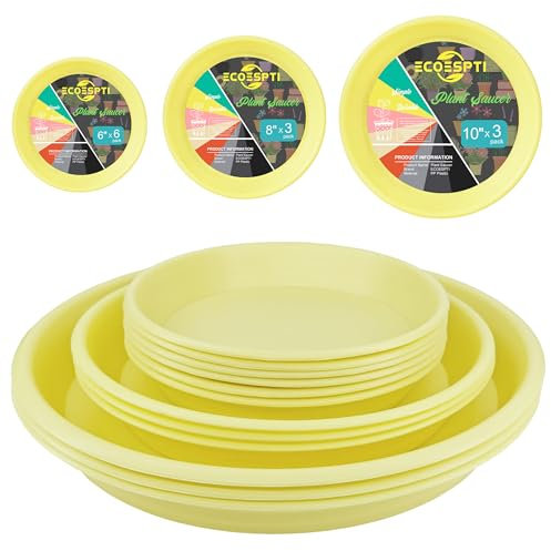 ECOESPTI Lot de 12 soucoupes colorées en plastique durable de 15,2 cm, 20,3 cm, 25,4 cm, soucoupes rondes pour pot de fleurs, plateau d'égouttement pour intérieur et extérieur, jaune