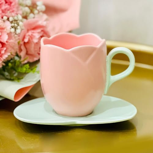 Taza de café de tulipán, De Tulipan, taza de tulipán de cerámica con posavasos creativo, taza de café de cerámica con forma de tulipán, taza de tulipán linda de 10 onzas for té, café y leche ( Color :