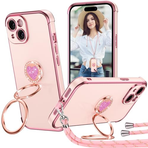 Aekyiwot für iPhone 15 Hülle mit Band, Handyhülle iPhone 15 Herz Doppelring Ständer 360°, Galvanisierte Weich TPU Case Dünn Silikon Stoßfeste Schutzhülle für iPhone 15 Hülle 6.1- Rosa