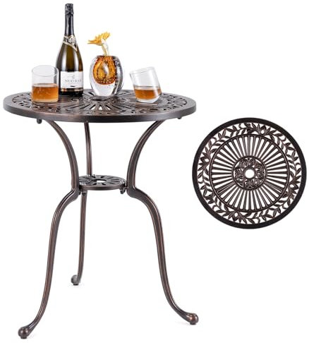KOMFOTTEU Table de Bistrot Ronde en Fonte d'Aluminium, Table de Patio avec Pieds Réglables, Charge de 50 kg, Table Basse de Jardin avec Trous pour Parasol, Style Vintage, φ61 x 71 cm (H)