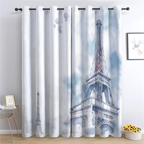 Gardinen Aquarell Pariser Eiffelturm 2 Stück Verdunklungsvorhänge Mit Ösen Vorhänge Blickdicht Kälte- Und Wärmeisolierung H 230 x B 117 cm Romantische Pariser Ästhetik Vorhang Schlafzimmer Vorhänge
