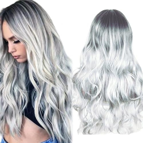 Liwein Lange Lockige Haarteil Damen, Ombre Schwarz-Weißer Mix, für Frauen Synthetisches Haar Hitzebeständig Ombre Perücke, Hitzebeständig Perücke Cosplay Kostüm Charmante Perücke