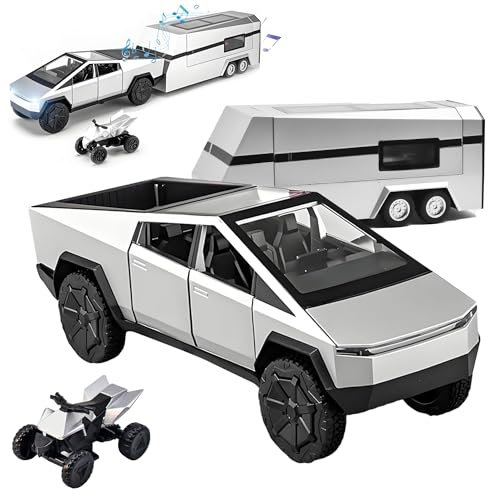 TOPRON Tesla Cybertruck Modellauto,Cyber Truck Spielzeug mit Wohnmobil,Strandmotorrad,1:32-Modellbausatz für Pickup-Anhänger aus Druckgusslegierung mit Licht und Sound,für Kinder ab 3 Jahren (Silber)