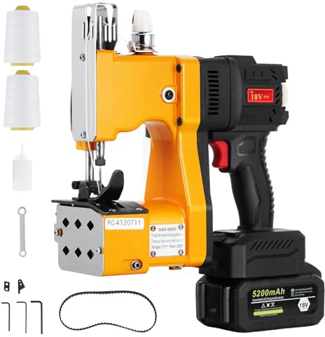 MXBAOHENG Sacknähmaschine mit 1 akku 18V 5.2Ah Einstellbare Geschwindigkeit | 500-14800RPM Tütenähmaschine mit 3 Rollen Nähgarn Dicke der Drucknaht 0.2-4mm Stichlänge 7-10mm manuell/automatischer Schnitt
