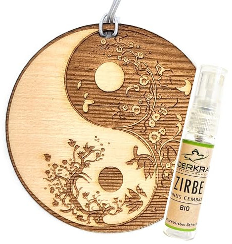 [Zirben Echtholz] YINGYANG Duftbaum/Zirben Anhänger/Auto Lufterfrischer [inkl. 5ml BIO Zirbenspray] verschiedene Designs/Motive, für Auto oder Kleiderschrank. Natürlicher Zirbenduft