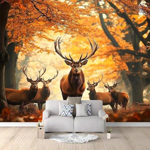 Papier Peint Panoramique 3D Cerf Animal De La Forêt D'Automne 400x280 cm Papier Peint Photo Mural Intissé, Poster Tapisserie Mural Personnalisé 3D Pour Salon Chambre Décoration Murale