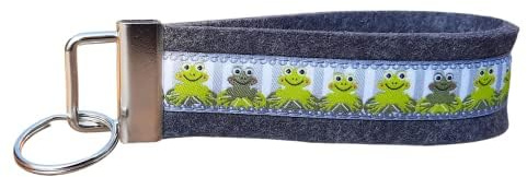 Schlüsselanhänger Schlüsselband Wollfilz anthrazit Webband Frösche grau grün Geschenk