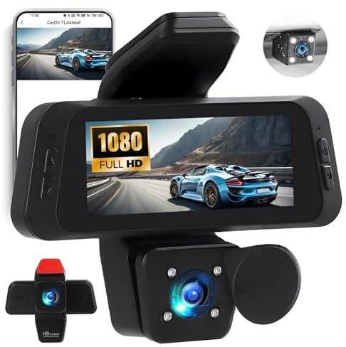 CAMECHO Dashcam Auto Vorne Hinten Innen, 3 Zoll 1080P Autokamera mit APP-Steuerung, IR-Nachtsicht, Loop-Aufnahme, G-Sensor, Parkhilfe, 24H Parküberwachung