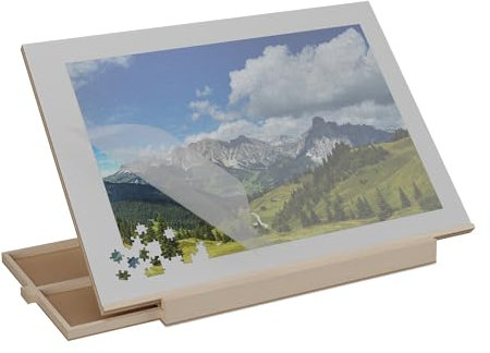 Relaxdays 1000 Pz Porta Puzzle, Vassoio Inclinabile con 2 Cassetti, Tavolo da Gioco in Legno, Naturale, Grigio