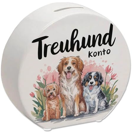 DREI niedliche Hunde Spardose - Treuhund Konto in verschiedenen Rassen Niedliche Hunde mit hellbraunem Fell und weiß-braunen schwarz-weißen Abzeichen