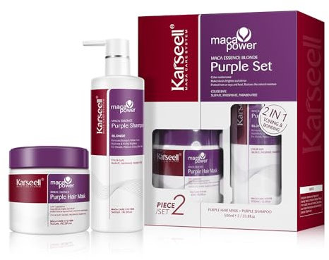 Karseell Maca Essenz Purple Haarmaske Purple Shampoo Set, Neutralisiert Gelbstich, Repariert Haarschäden für Blondes, Blondiertes, Graues Haar, 2 x 500ml