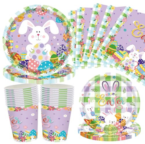 SWZY 80pcs Easter Party Tableware Set,Easter Party Supplies, Paper Plate, Cup, Tissue Paper,Easter Bunny Easter Eggs Happy Easter Party Tableware-20 People