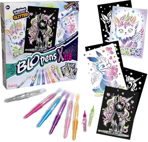 Lansay - Blopens X-Tra Set Glitzerkreaturen - Malen durch Pusten - Ab 6 J. | Malen durch Pusten - 6 Stifte, 6 Schablonen, 6 Blätter, Glitzer und Kleber - Airbrush-Effekt - Kreativset für Kinder