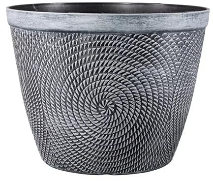 Fyne-Finds Round Grey Plastic Plant Pot 30cm Spiral Effect 11.5L Garden Indoor Outdoor Planter Cover Drainage Holes, Weather, Frost Proof (1)