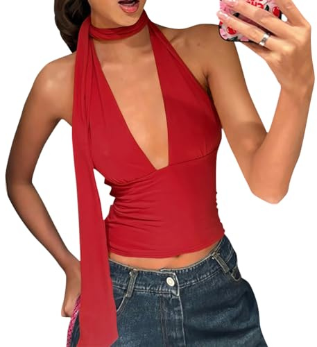 ORANDESIGNE Neckholder Top Damen Sommer Halter Tank Tops V-Ausschnitt Y2K Crop Tops Sexy Ärmellos Oberteil