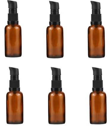 6 Pcs 30ml 1oz Amber Glass Pump Bottles Refillable Essential Oil Dispensers Travel Toiletry Containers for Lotion Serum Cosmetic Storage Glass Vials with Pump