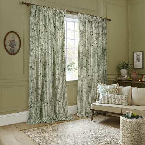 Sanderson Chinese Lanterns Room Darkening Pencil Pleat Curtain Pair– Floral Embroidered Striped Lined Drapes (Sage - 229x137cm)