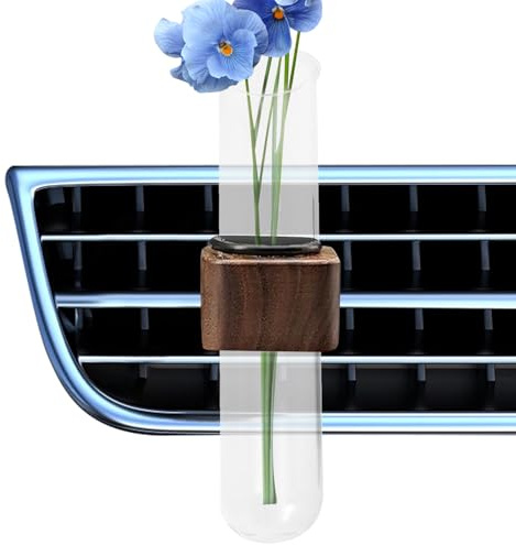 Clip de Vase à Fleurs pour Grille d'aération de Voiture – Mini Cylindre en Verre, pièce en Bois Naturel, décoration de véhicule élégante, Affichage intérieur Mignon, détail de Tableau de Bord |