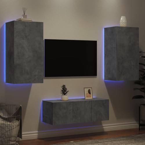 Mhdvray 4-TLG. Wohnwand LED Betongrau Holzwerkstoff 30,5-60 x 35 x 30-80 cm Flotter Blickfang mit RGB-Beleuchtung Modernes Design für TV, Gaming oder Home Office