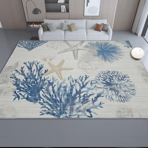 Waschbar rutschfest Teppich 120 x 180 cm, Minimalistisch Maritim Korallen Seesterne Teppich für Familien mit Kindern & Haustieren, Ästhetische Zimmer Dekomatte für Teenager & Studenten, Mehrfarbig