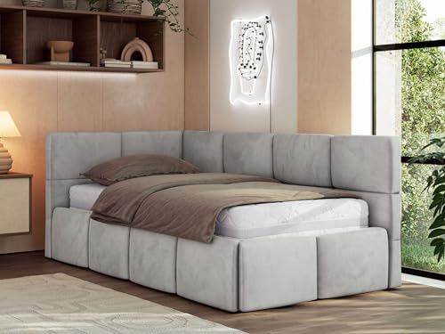 MKS MEBLE Jugendbett ARVO 90x200 cm mit Lattenrost und Bettkasten, Polsterbett mit gepolstertem Kopfteil und Gasdruckfedern, Eckbett mit Stauraum - ohne Matratze - Hellgrau Velvet - Linke Seite
