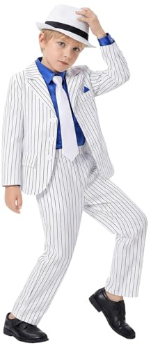 Generisch Kinder Retro Pop Star Kostüm 5-teiliges Set für Jungen Mit Gestreifte Anzugjacke Hemd Hose Hut Und Krawatte 80er 90er Jahre Outfit Für Halloween Karneval Bühnenauftritt Und Mottoparty
