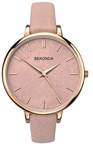 Sekonda Women's 40mm Analogue Rose Gold 3 Hand Quartz Watch with Patterned Pink Dial and Dusty Pink Strap with Rose Gold Buckle and Mineral Glass