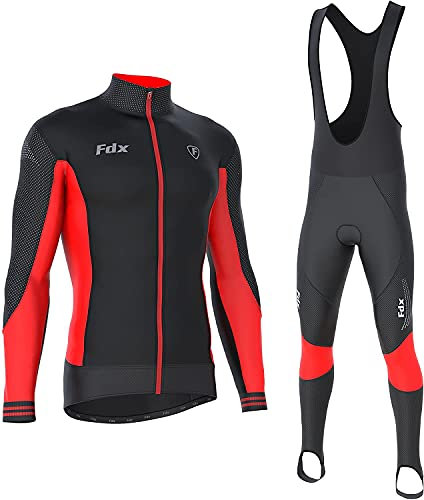 FDX Men's Thermodream Winter Cycling Suit - Italian Thermal Roubaix Windproof Clothing Set - Long Sleeve Jersey with 3D Padded Bib Tight for Biking, Bicycle Riding, Outdoor Sports (Red-L)
