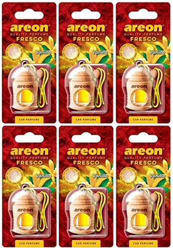 AREON Fresco Auto Vanille Duft Glas Duftflakon Set Flakon Holz Hängend Anhänger Spiegel Gelb 4ml (Pack x 6)