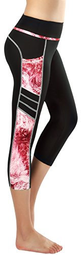 Flatik Damen 3/4 hoher Bund Sport Leggings Sporthose Fitnesshose Training Tights Sporthose für Damen(Rubin Rot XL)