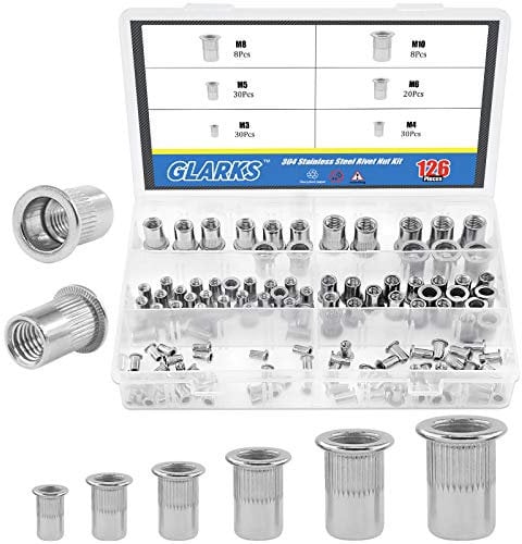 Glarks Lot de 126 écrous à rivets filetés en acier inoxydable 304 M3 M4 M5 M6 M8 M10 à tête plate
