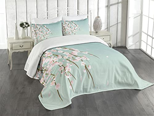 ABAKUHAUS Weeping Blume Tagesdecke Set, Kirschblüte, Set mit Kissenbezügen Sommerdecke, für Doppelbetten 264 x 220 cm, Babyblau Hellrosa und Taupe