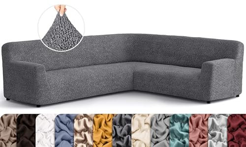 Paulato by GA.I.CO, elastischer und pflegeleichter Sofabezug für Ecksofa mit Armlehnen, hochwertige italienische Qualität, Mikrofaser, grau