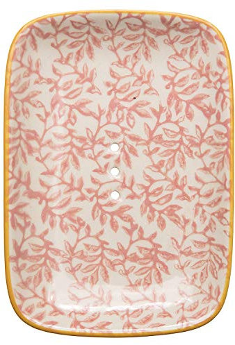 Tranquillo Eckige Seifenschale Floral, mit abgerundeten Ecken aus Steingut mit Löchern für den Wasserablauf 13,5 x 9,5 x 2 cm