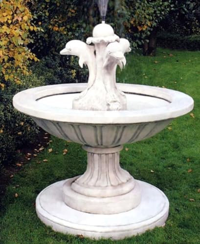 Casa Padrino Jugendstil Gartenbrunnen Weißgrau Ø 130 x H. 145 cm - Runder Springbrunnen mit dekorativen Delfinen - Gartendeko