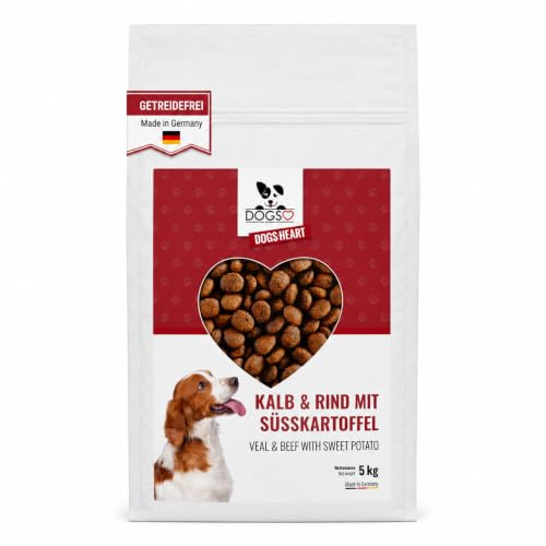 DOGS-HEART Hundefutter Getreidefrei Kalb & Rind mit Süßkartoffel 5 Kg | Herzhaftes Premium Trockenfutter mit Kalb & Rind, großen Kroketten und Süßkartoffel – getreidefrei für den täglichen Napf