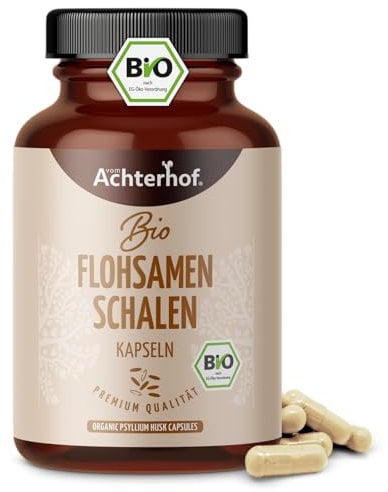 Flohsamenschalen Kapseln Bio 180 Stück | Flohsamenschalenpulver aus kontrolliert biologischem Anbau | vegan | vom Achterhof